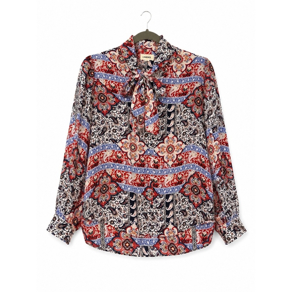 L'AGENCE Silk Bandana Paisley Tie Neck Blouse S Red Blue Button Up Cowgirl Chic